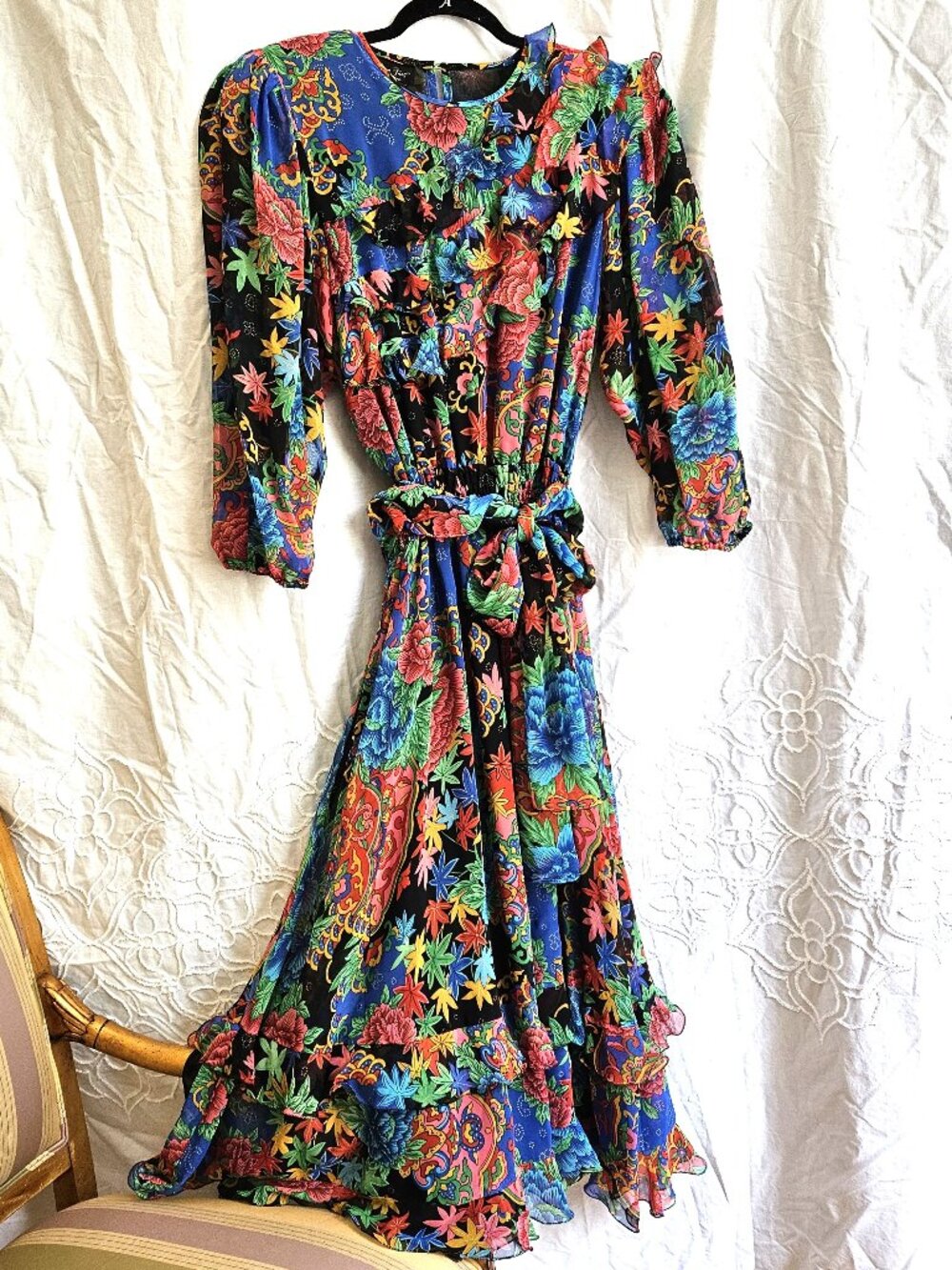 Vintage Diane Freis Multicolor Floral Ruffle Dress Smocked Waist Sash M/L